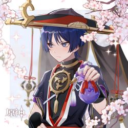Rule 34 | 1boy, bag, bananakeki, blue eyes, blue hair, blush, cherry blossoms, clothing request, flower, genshin impact, hat, highres, holding, holding bag, japanese clothes, looking to the side, male focus, scaramouche (genshin impact), solo, tsundere, white background
