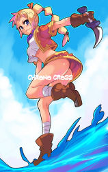 Rule 34 | 1girl, ass, bandages, blonde hair, blue eyes, boots, braid, breasts, chrono (series), chrono cross, cloud, crop top, day, facial mark, female focus, from below, full body, gloves, hair ribbon, jewelry, kid (chrono cross), knife, leg lift, long hair, midriff, multi-tied hair, necklace, no panties, outdoors, ribbon, rumie, skirt, sky, solo, splashing, upskirt, vest, water