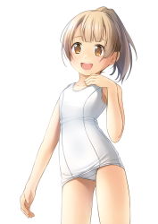 Rule 34 | 1girl, brown eyes, brown hair, cowboy shot, flat chest, highres, old school swimsuit, one-piece swimsuit, open mouth, original, ponytail, round teeth, school swimsuit, shibacha, short hair, simple background, smile, solo, standing, swimsuit, teeth, thighs, upper teeth only, white background, white one-piece swimsuit