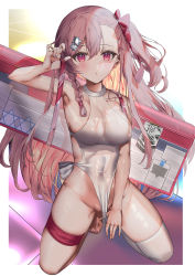Rule 34 | 1girl, :o, armpits, backpack, bag, bare arms, bare hips, barefoot, blush, bow, braid, breasts, clothes pull, collarbone, covered navel, fingernails, framed, fujisaki eru, girls&#039; frontline, groin, hair between eyes, hair bow, hair ornament, hairclip, hexagram, highleg, highleg swimsuit, highres, holding, holding strap, large breasts, long hair, looking at viewer, negev (girls&#039; frontline), negev (little drifter) (girls&#039; frontline), one-piece swimsuit, one-piece swimsuit pull, partially visible vulva, pink eyes, pink hair, red bow, side-tie swimsuit, side ponytail, single thighhigh, solo, squatting, star (symbol), star hair ornament, star of david, swimsuit, thigh strap, thighhighs, thighs, toenails, toes, weapon bag, wet, wet clothes, wet swimsuit, white one-piece swimsuit
