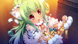 Rule 34 | 1girl, animal ears, animal hands, blush, cat ears, chain, earrings, fang, game cg, gloves, green hair, jewelry, koihime musou, kuwada yuuki, long hair, midriff, moukaku, open mouth, paw gloves, red eyes, religious offering, solo, tail, tiger ears, very long hair
