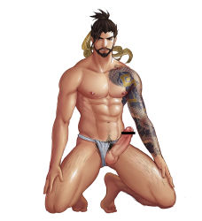 Rule 34 | 1boy, abs, arm tattoo, bar censor, bara, beard, black hair, bulge, censored, clothing aside, erection, expressionless, facial hair, full body, fundoshi, fundoshi aside, hanzo (overwatch), highres, japanese clothes, kneeling, leg hair, looking at viewer, male focus, male pubic hair, male underwear, mosi l, muscular, navel, navel hair, nipples, overwatch, overwatch 1, pectorals, ponytail, pubic hair, short hair, shoulder tattoo, solo, tattoo, testicles, thick thighs, thighs, underwear, underwear only, white background, white male underwear