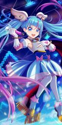Rule 34 | 1girl, absurdres, ahoge, blue dress, blue eyes, blue hair, bow, cape, cure sky, detached sleeves, dress, earrings, fingerless gloves, gloves, gradient hair, hand on own chest, highres, hirogaru sky! precure, jewelry, long hair, magical girl, multicolored hair, open mouth, pink bow, pink hair, precure, puffy detached sleeves, puffy sleeves, single earring, single sidelock, sky mirage, smile, solo, sora harewataru, taishou (yzkt3453), thighhighs, twintails, two-sided cape, two-sided fabric, very long hair, white gloves, white thighhighs, wing hair ornament
