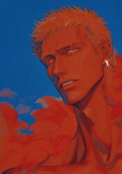 Rule 34 | 1boy, absurdres, blonde hair, blue background, coat, collarbone, donquixote doflamingo, earrings, eyelashes, feather coat, highres, injury, jewelry, looking to the side, male focus, one piece, parted lips, pink coat, portrait, red eyes, scar, scar across eye, short hair, solo, zoewadewilson