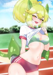 Rule 34 | 1girl, absurdres, alternate costume, bloomers, blurry, blurry background, blush, bra, buruma, clothes lift, cloud, cowboy shot, dragon girl, dragon horns, dragon tail, dragon wings, duel monster, grass, green bra, green hair, green tail, green wings, gym uniform, heart, high ponytail, highres, horns, long hair, navel, oldsickkim, open mouth, parlor dragonmaid, red bloomers, red shorts, running track, shirt, shirt lift, shorts, sky, solo, sportswear, tail, underwear, white shirt, wings, yellow eyes, yu-gi-oh!