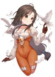 Rule 34 | 1girl, asymmetrical bangs, bird, blush, bodysuit, breasts, brown eyes, brown hair, choker, falling feathers, feathers, final fantasy, final fantasy ix, garnet til alexandros xvii, gloves, highres, jewelry, lace-up top, long hair, low-tied long hair, medium breasts, orange bodysuit, pendant, puffy sleeves, shirt, simple background, smile, solo, thigh strap, upper body, usami (usami l), white background, white feathers, white shirt