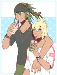 Rule 34 | 2boys, arm around shoulder, bandana, beatmania, beatmania iidx, black shirt, blonde hair, blue eyes, bubble tea, camouflage bandana, commentary request, cup, dark-skinned male, dark skin, disposable cup, duel (beatmania), ereki (beatmania), folded ponytail, green hair, grin, hair between eyes, highres, holding, holding cup, jewelry, long bangs, looking at another, male focus, maoh (aburaage0528), multiple boys, necklace, red eyes, sharp teeth, shirt, short hair, smile, teeth, upper body, v-neck, watch, white shirt, wristband, wristwatch