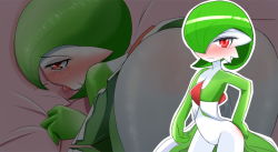 Rule 34 | 1girl, ass, bed sheet, blush, colored skin, cowboy shot, creatures (company), embarrassed, female focus, flat chest, game freak, gardevoir, gen 3 pokemon, green hair, green skin, hair over one eye, half-closed eyes, hand on own hip, looking at viewer, multicolored skin, multiple views, nintendo, nose blush, open mouth, outline, pokemon, pokemon (creature), red eyes, saliva, sheet grab, short hair, standing, tears, tongue, tongue out, top-down bottom-up, tsumukkuri, two-tone skin, white outline, white skin