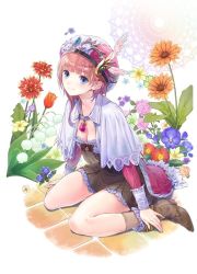 Rule 34 | 1girl, atelier (series), atelier rorona, atelier totori, blue eyes, boots, breasts, brown dress, cape, capelet, cleavage, dress, female focus, flower, frills, full body, hat, kishida mel, long hair, long sleeves, looking at viewer, pink hair, rororina fryxell, simple background, skirt, smile, solo