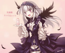 Rule 34 | 00s, 1girl, doll joints, dress, drinking straw, feathers, hairband, joints, mtyy, pink eyes, rozen maiden, silver hair, solo, suigintou, wings, yakult