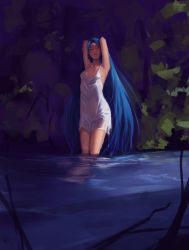 Rule 34 | 1girl, armpits, arms up, blue hair, breasts, closed mouth, commentary request, dress, closed eyes, facing viewer, long hair, medium breasts, noccu, original, smile, solo, standing, very long hair, wading, water, wet, wet clothes, wet dress, white dress