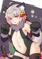Rule 34 | 1girl, ahoge, animal ears, bare shoulders, black gloves, black leotard, black thighhighs, blush, bow, box, breasts, brown eyes, cat ears, cat tail, christmas ornaments, christmas tree, commentary request, dangeroes beast (illya), elbow gloves, fate/grand order, fate/kaleid liner prisma illya, fate (series), fur-trimmed gloves, fur collar, fur trim, gift, gift box, gloves, hair bow, headpiece, jeanne d&#039;arc (fate), jeanne d&#039;arc alter santa lily (fate), kemonomimi mode, leotard, light brown hair, long hair, meow head, navel, parted lips, red bow, small breasts, solo, star (symbol), tail, tail bow, tail ornament, tears, thighhighs, very long hair