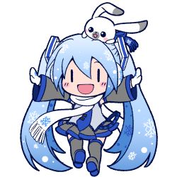Rule 34 | 1girl, 1other, bare shoulders, belt, blue hair, blush stickers, chibi, commentary, detached sleeves, full body, gloves, grey shirt, grey skirt, grey sleeves, grey thighhighs, hair ornament, hatsune miku, light blue hair, long hair, miesa, miniskirt, necktie, on head, on person, open mouth, outstretched arms, pleated skirt, rabbit, rabbit yukine, scarf, shirt, skirt, sleeveless, sleeveless shirt, smile, snowflake print, thighhighs, transparent background, twintails, very long hair, vocaloid, white background, white gloves, white scarf, yuki miku, yuki miku (2011), zettai ryouiki, | |