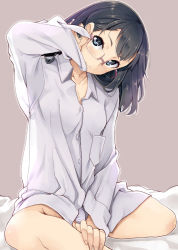 Rule 34 | 1girl, arm up, black hair, blue eyes, closed mouth, collarbone, dress shirt, glasses, grey background, hand in own hair, indian style, looking at viewer, loose clothes, loose shirt, naked shirt, on bed, original, rimless eyewear, school uniform, shirt, simple background, sitting, smile, solo, tsurugi hagane