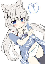 Rule 34 | 1girl, :t, animal ear fluff, animal ears, black thighhighs, blue bow, blue dress, blue eyes, blush, bow, bow panties, cat ears, cat girl, cat tail, closed mouth, clothes lift, commentary request, dress, dress lift, dutch angle, grey hair, hair ornament, highres, lifted by self, long hair, looking at viewer, low twintails, original, panties, pout, sakuraba hikaru (loveindog), short sleeves, sidelocks, simple background, solo, striped, striped bow, tail, thighhighs, translation request, twintails, underwear, very long hair, white background, white panties, x hair ornament
