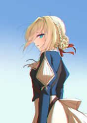 Rule 34 | 10s, 1girl, ascot, blue background, blue jacket, blush, braid, braided bun, chromatic aberration, cropped jacket, crying, crying with eyes open, dress, from side, gradient background, hair bun, hair ribbon, highres, jacket, juliet sleeves, long sleeves, open mouth, profile, puffy sleeves, qingchen (694757286), raised eyebrows, red ribbon, ribbon, side bun, sideways mouth, single hair bun, single side bun, solo, streaming tears, tears, upper body, violet evergarden, violet evergarden (series), white ascot, white dress