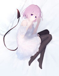 Rule 34 | 1girl, alternate costume, bed sheet, black thighhighs, chinese commentary, closed mouth, commentary, demon tail, dress, fine fabric emphasis, flower, frilled dress, frilled sleeves, frills, from above, full body, hair between eyes, hair flower, hair ornament, hands up, highres, knees up, looking at viewer, lying, momo velia deviluke, nitronn (nitrun), no shoes, off-shoulder dress, off shoulder, on side, pink hair, puffy short sleeves, puffy sleeves, purple eyes, short hair, short sleeves, smile, solo, strap slip, tail, tail raised, thighhighs, to love-ru, white dress, white flower