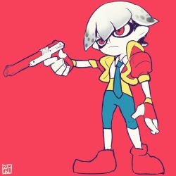Rule 34 | fingerless gloves, gloves, great bamboo sword, gun, highres, inkling, inkling player character, jacket, lexi rivers, mask, necktie, nes zapper, nintendo, pointy ears, read only memories, red background, red eyes, short hair, tentacle hair, va-11 hall-a, weapon, white hair