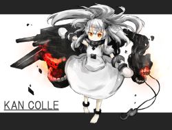Rule 34 | 10s, 1girl, abyssal ship, bad id, bad pixiv id, barefoot, border, colored skin, copyright name, dress, full body, gloves, gradient background, kankan33333, kantai collection, long hair, looking at viewer, northern ocean princess, orange eyes, solo, white dress, white gloves, white hair, white skin