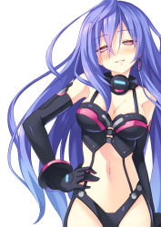 Rule 34 | 10s, 1girl, bad id, bad pixiv id, bare shoulders, black gloves, blue hair, blush, breasts, cleavage, collar, dominatrix, earrings, elbow gloves, female focus, gloves, gradient hair, hair between eyes, hand on own hip, highres, iris heart, jewelry, kami jigen game neptune v, kinta (distortion), large breasts, long hair, looking at viewer, midriff, multicolored hair, naughty face, navel, neptune (series), open mouth, parted lips, power symbol, power symbol-shaped pupils, purple hair, pururut, red eyes, smile, solo, symbol-shaped pupils, very long hair