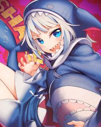 Rule 34 | 1girl, :d, animal hood, blue eyes, blue hair, blue hoodie, blush, commentary, fins, fish tail, from side, gawr gura, gawr gura (1st costume), grey hair, hand up, holding, holding stuffed toy, hololive, hololive english, hood, hood up, hooded jacket, hoodie, jacket, long sleeves, looking at viewer, multicolored hair, open mouth, rotix, shark hood, shark tail, sharp teeth, short hair, smile, solo, streaked hair, stuffed animal, stuffed shark, stuffed toy, tail, teeth, virtual youtuber, white hair