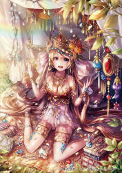 Rule 34 | 1girl, :d, anklet, armlet, bare legs, barefoot, barefoot sandals (jewelry), beads, blanket, blonde hair, book, book stack, bottle, bracelet, breasts, crown, dress, flower, from above, full body, gem, hair flower, hair ornament, highres, jewelry, light particles, light rays, long hair, looking at viewer, necklace, on ground, open mouth, original, outdoors, pearl necklace, pendant, perfume bottle, petals, pink dress, plant, purple eyes, rainbow, ring, short dress, sitting, sleeveless, sleeveless dress, smile, solo, sunbeam, sunlight, swept bangs, tassel, tent, thighlet, unworn jewelry, unworn necklace, veil, very long hair, wariza, watermark, xxxpechkaxxx