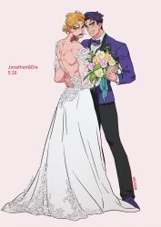 Rule 34 | 2boys, absurdres, back, backless dress, backless outfit, black nails, black pants, blonde hair, blue eyes, blue hair, blush, bouquet, bow, bowtie, character name, commentary, couple, crossdressing, dated, dio brando, dress, earrings, flower, flower in mouth, full body, grin, happy, highres, holding hands, honlo, husband and husband, jacket, jewelry, jojo no kimyou na bouken, jonathan joestar, long dress, long sleeves, looking at viewer, looking back, male focus, medium hair, mouth hold, multiple boys, pants, purple jacket, red eyes, red flower, red lips, red rose, ring, rose, shirt, shoes, short hair, smile, standing, toned, wedding ring, white dress, white shirt, yaoi, yellow flower