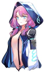 Rule 34 | 1girl, ahoge, arknights, blue eyes, blue jacket, blue poison (arknights), blue poison (elite ii) (arknights), blush, breasts, cropped torso, hood, hood up, hooded jacket, jacket, long hair, long sleeves, looking at viewer, low twintails, material growth, medium breasts, no bra, open clothes, open jacket, open mouth, oripathy lesion (arknights), pink hair, pupps, simple background, smile, solo, suspenders, twintails, upper body, white background