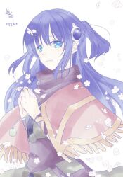 Rule 34 | 1girl, blue eyes, blue hair, blue scarf, capelet, flower, long hair, looking at viewer, mizuiroxys, ponytail, portrait, scarf, smile, solo, tia (ys), upper body, ys, ys seven