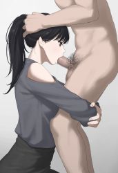 Rule 34 | 1boy, 1girl, black hair, black skirt, blouse, blush, breasts, censored, clothed female nude male, clothed sex, clothing cutout, earrings, erection, fellatio, from side, grey eyes, grey shirt, hand on another&#039;s head, hetero, highres, hug and suck, irrumatio, jewelry, kaminari doon, large breasts, long hair, long sleeves, male pubic hair, mole, mole under eye, mosaic censoring, nude, oral, original, penis, ponytail, pubic hair, shirt, shoulder cutout, skirt, testicles