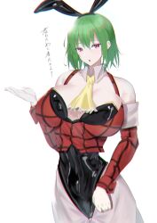 Rule 34 | 1girl, absurdres, black hairband, black leotard, breasts, commentary request, cowboy shot, detached collar, detached sleeves, enmimontoria, frilled necktie, green hair, hairband, highleg, highleg leotard, highres, huge breasts, kazami yuuka, leotard, looking at viewer, necktie, plaid, plaid vest, playboy bunny, red eyes, red vest, short hair, simple background, solo, touhou, translation request, vest, white background, yellow necktie