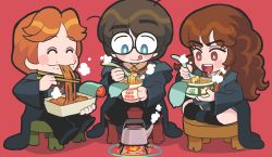 Rule 34 | 1girl, 2boys, aqua eyes, blush, brown eyes, brown hair, chopsticks, closed eyes, cup ramen, eating, food, fork, gashi-gashi, glasses, harry potter, harry potter (series), hermione granger, highres, instant soba, instant udon, multiple boys, nissin cup noodle, no nose, noodles, open mouth, ron weasley, smile, steam, stool, tongue, tongue out, wizarding world