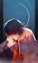 Rule 34 | 10s, 1boy, 1girl, bandaged arm, bandages, bandaid, bandaid on face, black hair, blood, blood on face, blue horns, closed eyes, collarbone, commentary, couple, darling in the franxx, emi-bianchi, english commentary, hairband, hetero, highres, hiro (darling in the franxx), horns, long hair, long sleeves, military, military uniform, necktie, night, night sky, nightgown, oni horns, pink hair, red neckwear, short hair, sky, sleeveless, star (sky), star (symbol), uniform, white hairband, zero two (darling in the franxx)