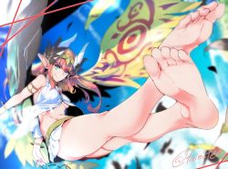 Rule 34 | 1girl, armlet, ass, barefoot, blue eyes, blue sky, blurry, bokeh, bracelet, breasts, circe (fate), commentary request, depth of field, fate/grand order, fate (series), feathered wings, feet, foreshortening, head wings, headgear, jewelry, large breasts, long hair, navel, pink hair, pointy ears, skirt, sky, sleeveless, smile, soles, torichamaru, twitter username, underboob, wings, yellow wings