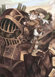 Rule 34 | 1girl, bad id, bad pixiv id, belt, blush, brown belt, brown footwear, brown headwear, brown theme, cloud, cloudy sky, exhaust, exhaust pipe, fur-trimmed footwear, fur trim, goggles, goggles on headwear, highres, holding, industrial pipe, long hair, mecha, open mouth, original, outdoors, ponytail, robot, sand, scratches, shichigatsu, size difference, sky, smile, steam, steampunk, turtleneck, white hair, wrench, yellow eyes