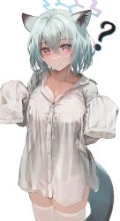Rule 34 | 1girl, ?, absurdres, alternate costume, animal ears, aqua hair, blue archive, blue eyes, breasts, buttons, closed mouth, collared shirt, crossed bangs, flippy (cripine111), gradient eyes, hair between eyes, halo, head tilt, highres, looking at viewer, medium hair, multicolored eyes, no bra, oversized clothes, oversized shirt, panties, purple eyes, see-through, see-through shirt, shigure (blue archive), shirt, shirt overhang, simple background, skindentation, sleeves past fingers, sleeves past wrists, smile, solo, standing, tail, thighhighs, underwear, weasel ears, weasel girl, weasel tail, white background, white panties, white shirt, white thighhighs