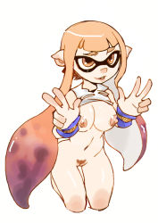 Rule 34 | 1girl, alternate breast size, bottomless, breasts, clothes lift, double v, eyebrows, female pubic hair, highres, inkling, inkling girl, inkling player character, large breasts, long hair, matching hair/eyes, navel, nintendo, nipples, orange eyes, orange hair, pointy ears, pubic hair, pussy, shirt lift, short hair with long locks, solo, splatoon (series), splatoon 1, tentacle hair, twintails, twistedterra, uncensored, v, wristband
