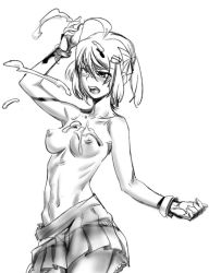 Rule 34 | 1girl, ahoge, blush, bow (bhp), breasts, bukkake, cum, greyscale, monochrome, nipples, petite, ribs, short hair, short twintails, skirt, solo, topless, twintails
