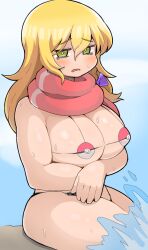 Rule 34 | 1girl, arms under breasts, bags under eyes, bikini, blonde hair, blush, bow, braid, breasts, cleavage, commentary request, cookie (touhou), cowboy shot, creatures (company), game freak, green eyes, hair between eyes, hair bow, highres, kirisame marisa, large breasts, long bangs, long hair, looking at viewer, madore, mars (cookie), nintendo, open mouth, poke ball, pokemon, purple bow, red scarf, scarf, side braid, single braid, sitting, solo, splashing, string bikini, swimsuit, touhou, water