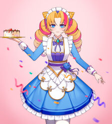 Rule 34 | 1girl, absurdres, apron, artist request, blonde hair, blue eyes, bow, bowtie, cafe cuties gwen, cake, closed mouth, cone hair bun, confetti, cowboy shot, dress, dress bow, drill hair, food, frilled dress, frills, gwen (league of legends), hair bun, highres, holding, holding food, league of legends, long hair, long sleeves, maid apron, maid headdress, pantyhose, parted bangs, purple bow, purple bowtie, red hair, smile, solo, twin drills, twintails, white pantyhose