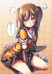 Rule 34 | 10s, 1girl, :i, bad id, bad pixiv id, blush, brown eyes, brown hair, crying, crying with eyes open, dede5933, elbow gloves, gloves, kantai collection, looking at viewer, maruo (mokurentenpu), personification, pleated skirt, school uniform, sendai (kancolle), serafuku, skirt, solo, tears, translated, twintails, two side up