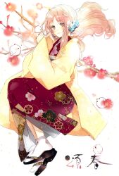 Rule 34 | 1girl, bird, bird on hand, black footwear, blue flower, blush, braid, branch, closed mouth, coat, floating hair, floral print kimono, flower, green eyes, hair flower, hair ornament, highres, japanese clothes, kimono, light brown hair, light particles, long hair, long sleeves, looking at viewer, nengajou, new year, original, prin dog, red flower, red kimono, sandals, side braid, sleeves past wrists, socks, solo, tabi, white background, white socks, yellow coat