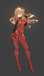 Rule 34 | 1girl, ahoge, arm at side, blue eyes, bodysuit, breasts, brown hair, commentary request, eyebrows hidden by hair, floating hair, full body, grey background, hair ornament, hairpods, hand up, highres, interface headset, long hair, looking at viewer, medium breasts, neon genesis evangelion, plugsuit, red bodysuit, shiny clothes, siino, simple background, skin tight, solo, souryuu asuka langley, standing, twitter username, very long hair