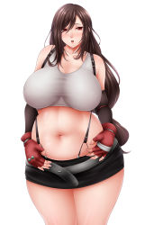 Rule 34 | 1girl, bare shoulders, blush, breasts, brown hair, curvy, final fantasy, final fantasy vii, fingerless gloves, gloves, huge breasts, long hair, looking at viewer, midriff, navel, open mouth, plump, red eyes, saogokushi, solo, square enix, thick thighs, thighs, tifa lockhart, wide hips