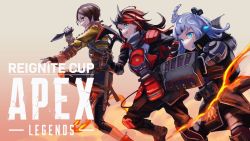 Rule 34 | 1boy, 2girls, and uge, apex legends, axe, black-framed eyewear, black hair, black pants, bloodhound (apex legends), bloodhound (apex legends) (cosplay), blue eyes, brown hair, character request, closed mouth, commentary request, copyright name, cosplay, dark side gibraltar, demon girl, demon horns, demon tail, feet out of frame, final sunset wraith, fingerless gloves, gibraltar (apex legends), gin (tttetu123), gloves, grey hair, head wings, highres, holding, holding axe, holding knife, horns, jacket, knee pads, knife, long hair, looking afar, multicolored hair, multiple girls, nanashi inc., pants, pointy ears, pouch, real life, red hair, royal guard bloodhound, ryugasaki rene, shield, short hair, shoulder pads, single head wing, smile, sudetaki, sugar lyric, tactical clothes, tail, two-tone hair, v ap art, virtual youtuber, wings, wraith (apex legends), yellow jacket