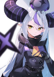Rule 34 | 1girl, animal, animal on head, ascot, bird, bird on head, black jacket, blurry, blurry foreground, braid, closed mouth, collar, commentary request, crow (la+ darknesss), demon horns, hair between eyes, highres, hololive, holox, horns, jacket, kasumi komo, la+ darknesss, light blush, long hair, long sleeves, looking at viewer, metal collar, multicolored hair, on head, pointy ears, purple hair, silver hair, solo, streaked hair, striped horns, upper body, very long hair, virtual youtuber, yellow ascot, yellow eyes