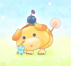 Rule 34 | animal collar, animal focus, artist name, belt buckle, black eyes, black skin, blue background, blue skin, blush stickers, bubble, buckle, collar, colored skin, commentary, dog, floppy ears, flower, green background, ice, ice pikmin, kuma goron, leaf, leaning on animal, nintendo, no humans, no mouth, oatchi (pikmin), open mouth, pikmin (creature), pikmin (series), pikmin 4, purple flower, red collar, rock, rock pikmin, shadow, signature, sitting, sitting on animal, sparkle, spots, two-tone background, yellow fur