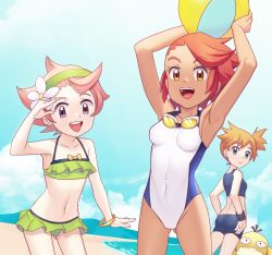 Rule 34 | 3girls, :d, armpits, arms up, ball, bare arms, beach, bike shorts, blue eyes, breasts, cloud, collarbone, commentary, covered navel, creatures (company), day, english commentary, eyelashes, flower, game freak, gazing eye, gen 1 pokemon, gluteal fold, goggles, goggles around neck, green hairband, green one-piece swimsuit, hairband, holding, holding ball, looking at viewer, misty (pokemon), multiple girls, navel, nintendo, one-piece swimsuit, open mouth, orange hair, outdoors, pink hair, pokemon, pokemon (creature), pokemon frlg, pokemon masters ex, psyduck, sand, shore, short hair, sky, smile, standing, swept bangs, swimsuit, teeth, textless version, tina (pokemon), tongue, unnamed girl (pokemon masters ex), upper teeth only, water, white flower, white one-piece swimsuit, wristband