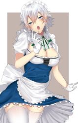 Rule 34 | 1girl, apron, blue eyes, blush, bow, braid, breasts, cleavage, cowboy shot, frilled apron, frills, gloves, green bow, green ribbon, hair between eyes, hair bow, highres, izayoi sakuya, looking at viewer, maid, maid headdress, medium breasts, multicolored background, neck ribbon, onineko-chan, open mouth, outside border, ribbon, short sleeves, side braid, silver hair, solo, thighhighs, touhou, twin braids, two-tone background, waist apron, white apron, white gloves, white thighhighs, zettai ryouiki