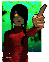 Rule 34 | 1girl, artist name, black hair, braid, braided ponytail, chainsaw man, gwenervi, hair over one eye, hair over shoulder, highres, looking at viewer, medium hair, nayuta (chainsaw man), open mouth, pointing, pointing at viewer, red sweater, ringed eyes, solo, sweater, yellow eyes